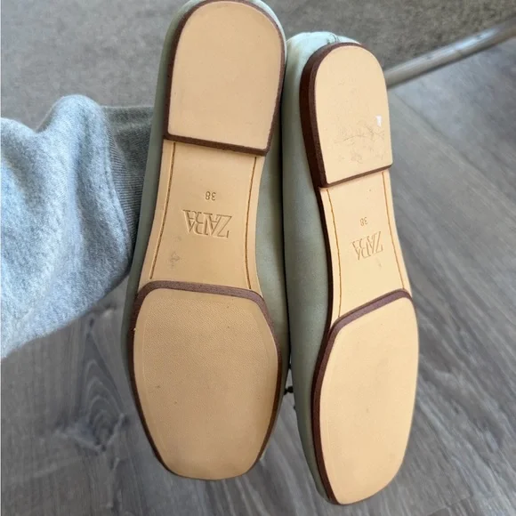 NWT Zara Satin Rhinestone Bow Ballerina Flats Sage Green Size 38 - Picture 2 of 3